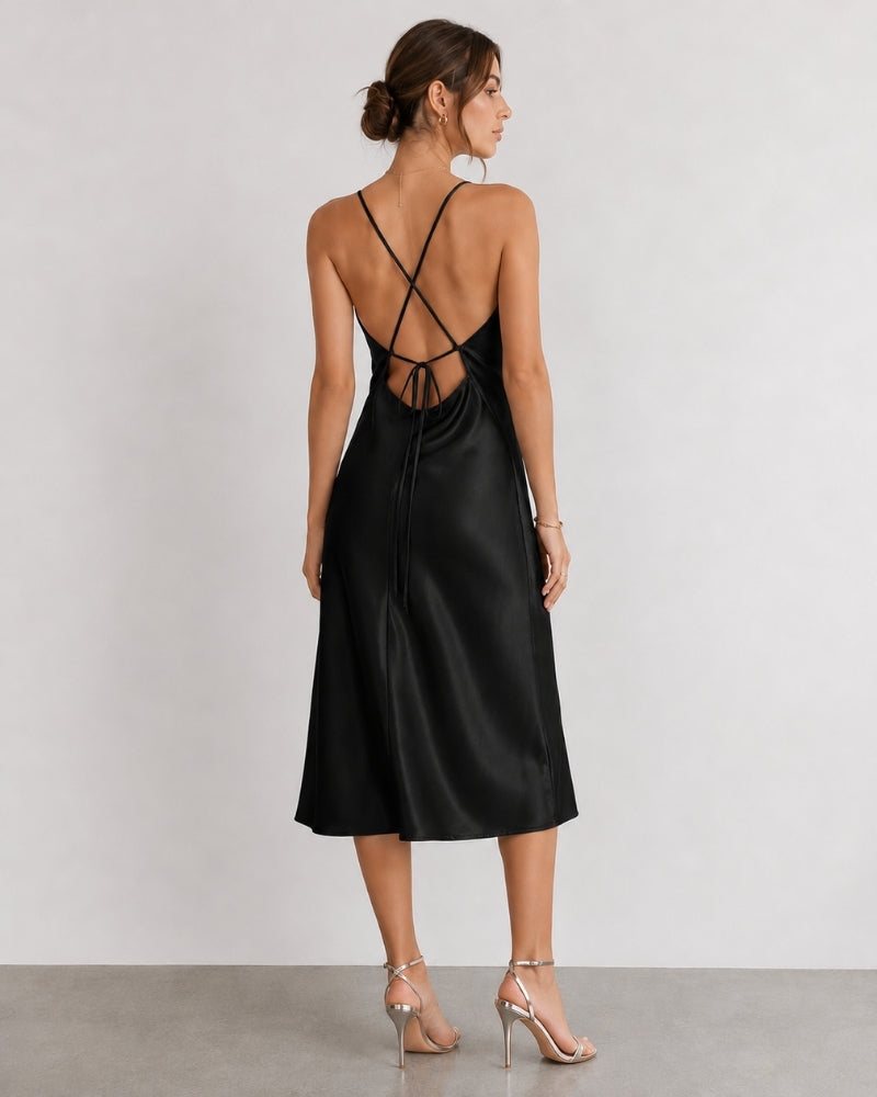 Women's Satin Slip Dress With Cowl Neck And Tie Back - Black