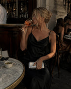 Women's Satin Slip Dress With Cowl Neck And Tie Back - Black
