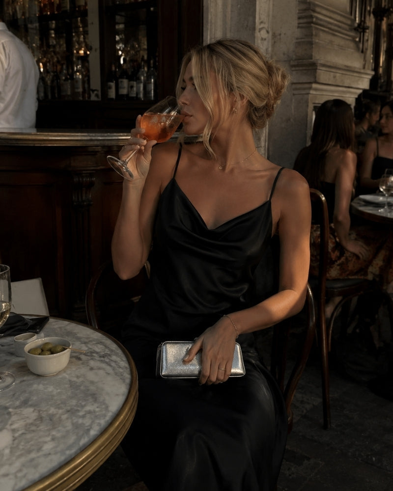 Women's Satin Slip Dress With Cowl Neck And Tie Back - Black