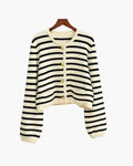 Women's Striped Button-Front Cardigan With Contrast Edges - Cream and Black