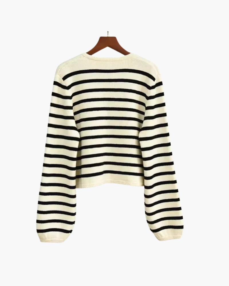 Women's Striped Button-Front Cardigan With Contrast Edges - Cream and Black
