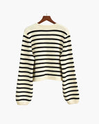Women's Striped Button-Front Cardigan With Contrast Edges - Cream and Black