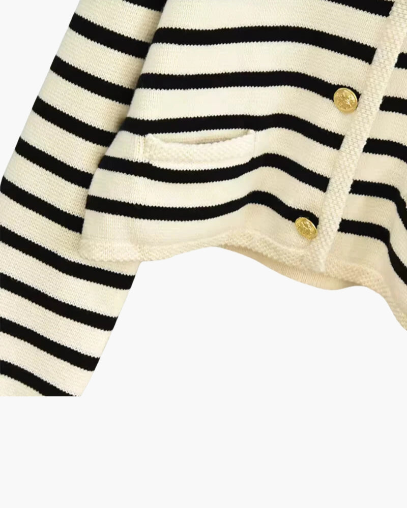 Women's Striped Button-Front Cardigan With Contrast Edges - Cream and Black