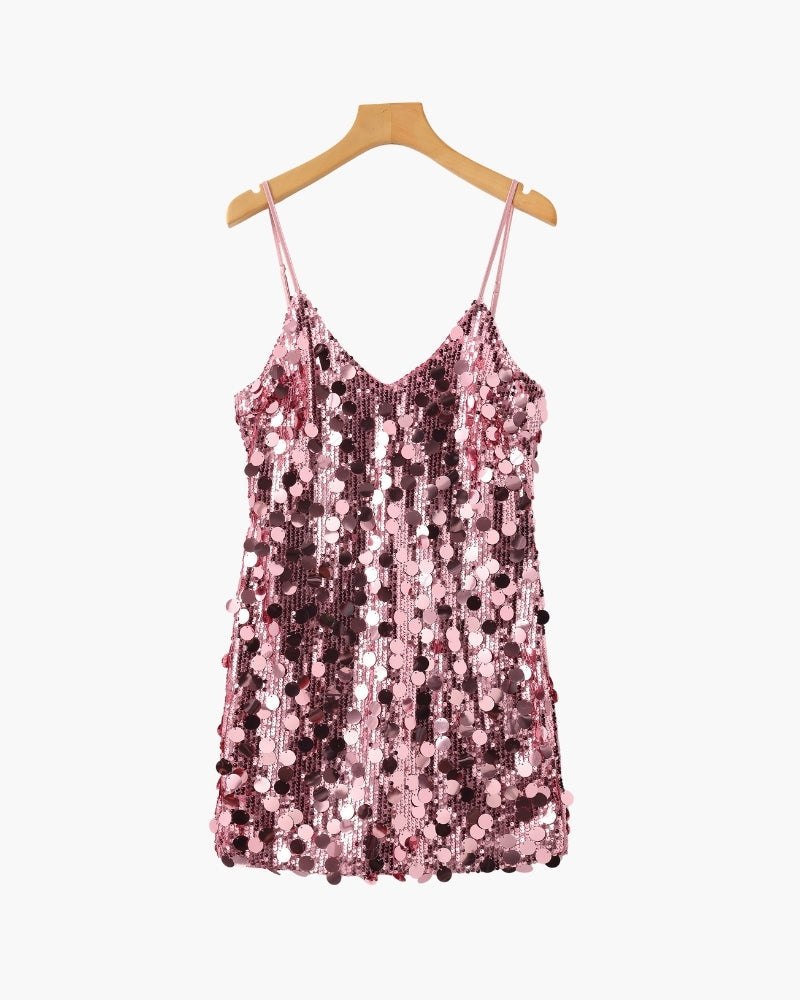 Women's V-Neck Sequin Mini Dress With Slim Straps - Rose gold