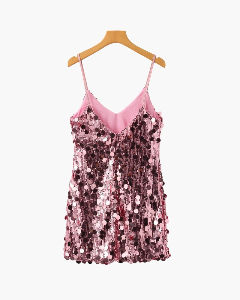 Women's V-Neck Sequin Mini Dress With Slim Straps - Rose gold