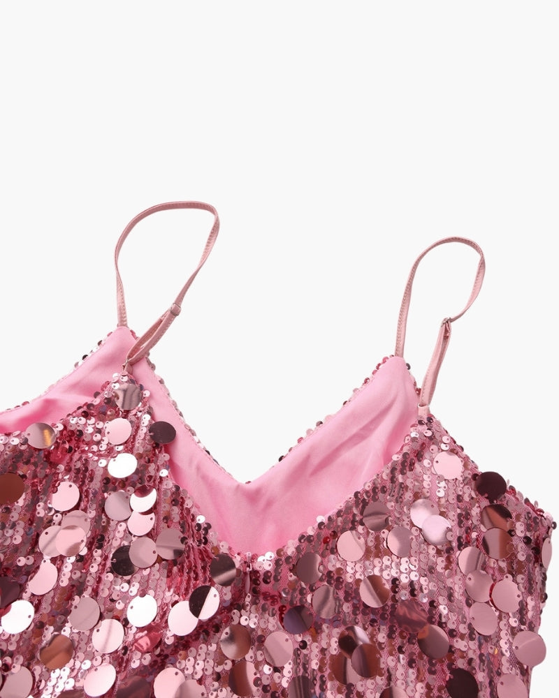 Women's V-Neck Sequin Mini Dress With Slim Straps - Rose gold