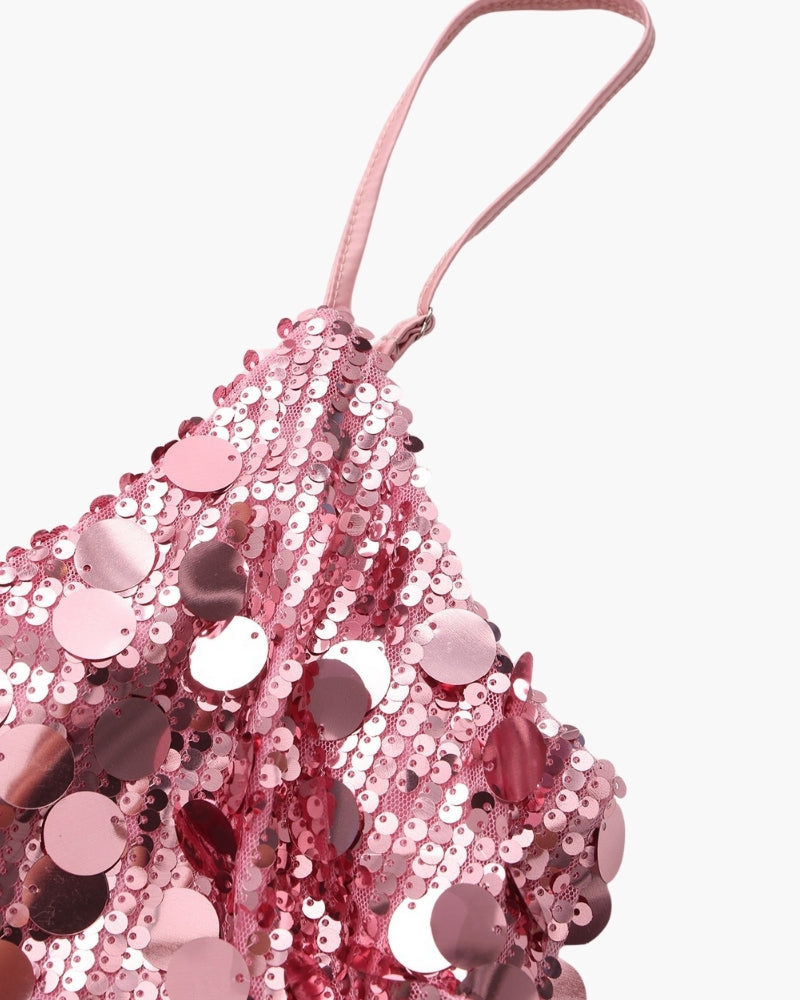 Women's V-Neck Sequin Mini Dress With Slim Straps - Rose gold