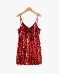 Women's V-Neck Sequin Mini Dress With Slim Straps - Red