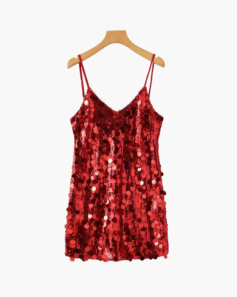 Women's V-Neck Sequin Mini Dress With Slim Straps - Red
