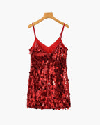 Women's V-Neck Sequin Mini Dress With Slim Straps - Red