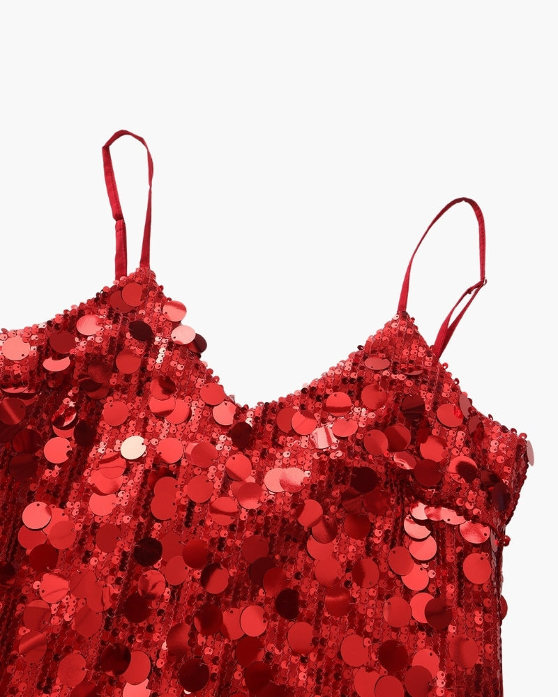 Women's V-Neck Sequin Mini Dress With Slim Straps - Red