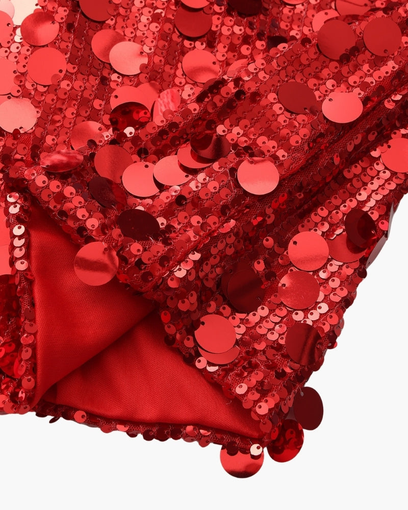 Women's V-Neck Sequin Mini Dress With Slim Straps - Red