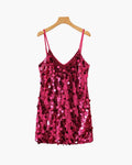 Women's V-Neck Sequin Mini Dress With Slim Straps - Pink