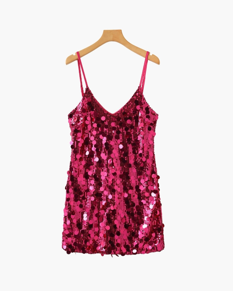Women's V-Neck Sequin Mini Dress With Slim Straps - Pink
