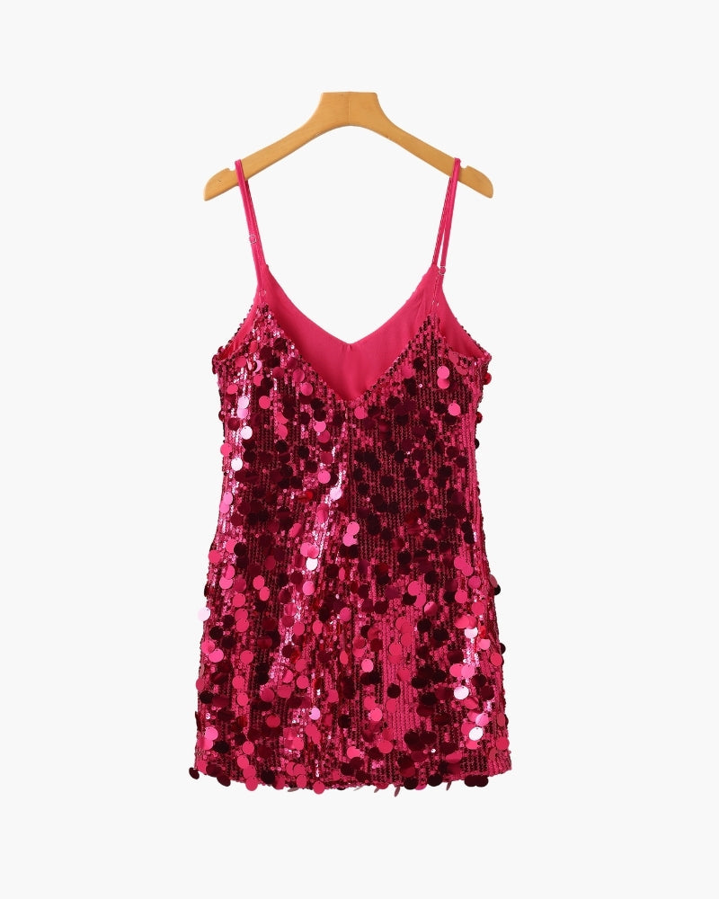 Women's V-Neck Sequin Mini Dress With Slim Straps - Pink