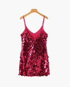 Women's V-Neck Sequin Mini Dress With Slim Straps - Pink