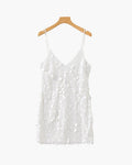 Women's V-Neck Sequin Mini Dress With Slim Straps - White