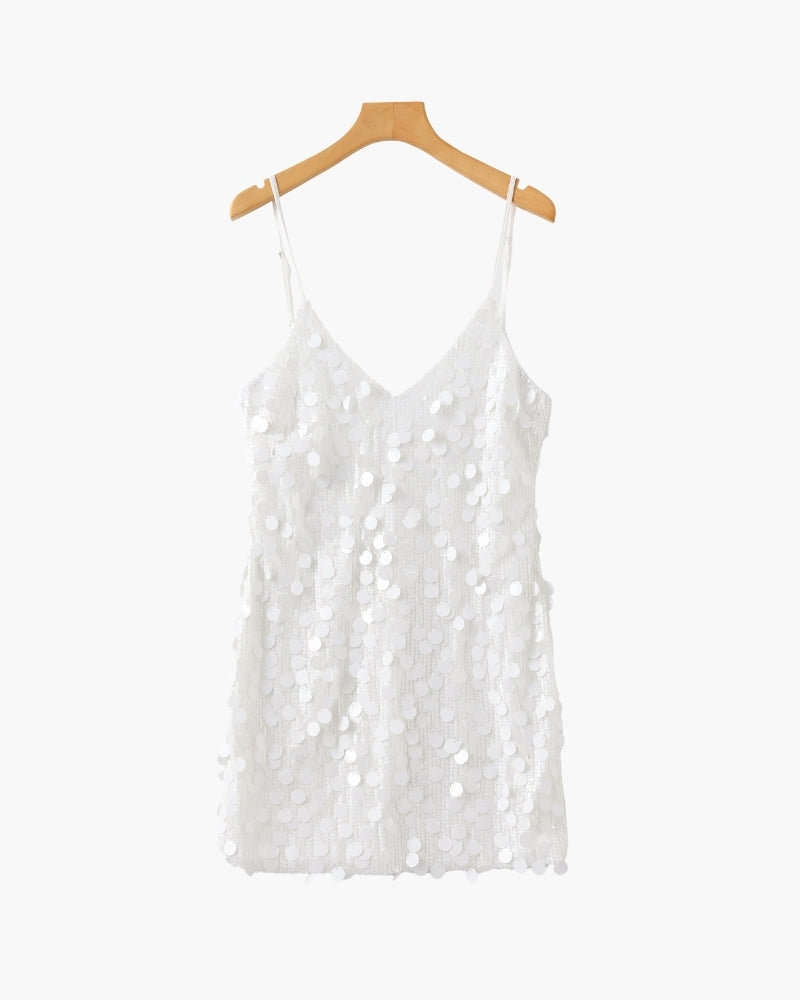 Women's V-Neck Sequin Mini Dress With Slim Straps - White