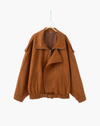 Women's Wide-Collar Jacket With Buckled Lower Hem - Brown