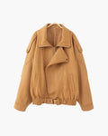Women's Wide-Collar Jacket With Buckled Lower Hem - Beige