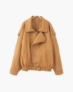 Women's Wide-Collar Jacket With Buckled Lower Hem - Beige