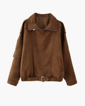 Women's Wide-Collar Jacket With Buckled Lower Hem - Dark Brown