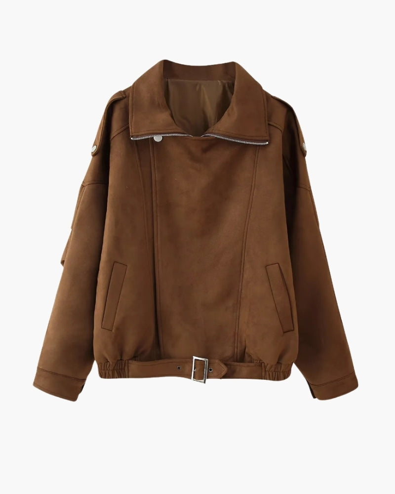 Women's Wide-Collar Jacket With Buckled Lower Hem - Dark Brown