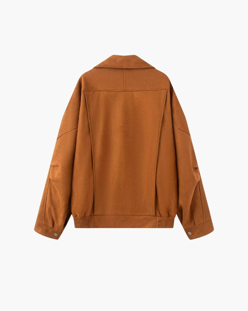 Women's Wide-Collar Jacket With Buckled Lower Hem - Brown