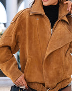 Women's Wide-Collar Jacket With Buckled Lower Hem - Brown