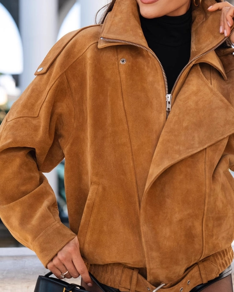Women's Wide-Collar Jacket With Buckled Lower Hem - Brown