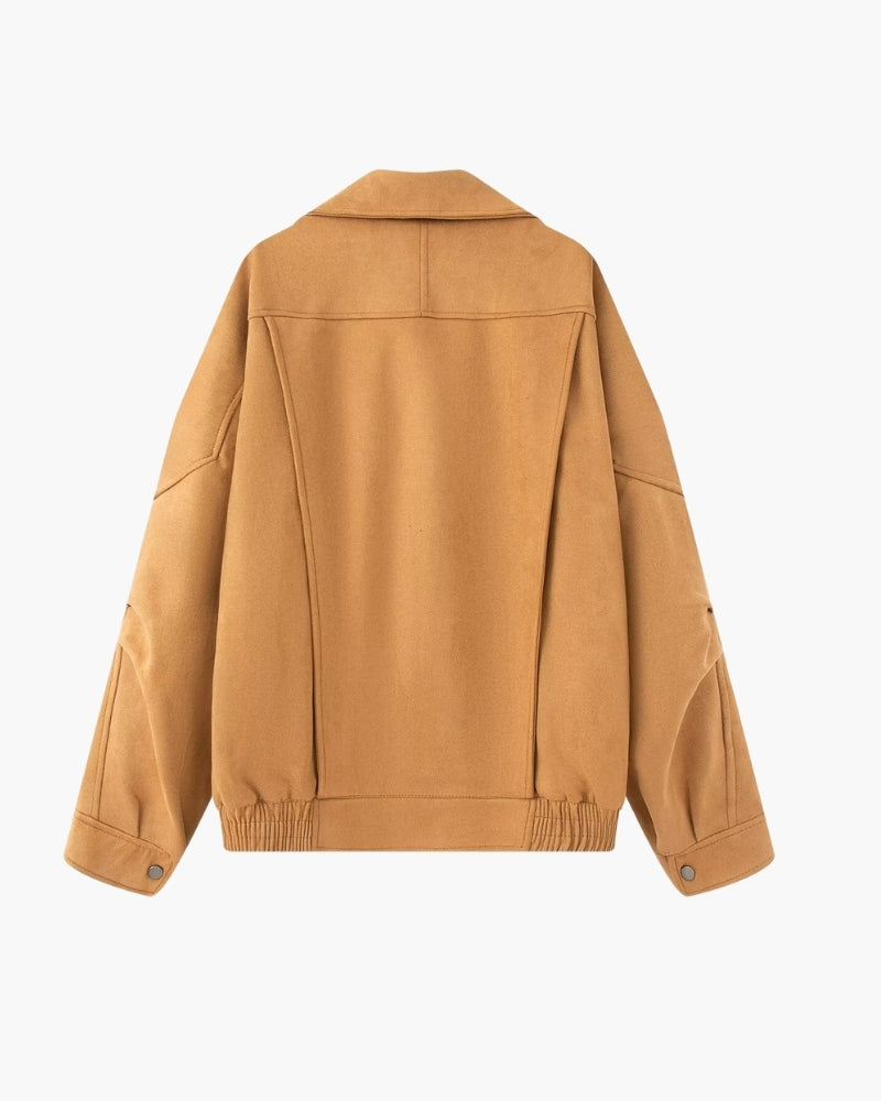Women's Wide-Collar Jacket With Buckled Lower Hem - Beige