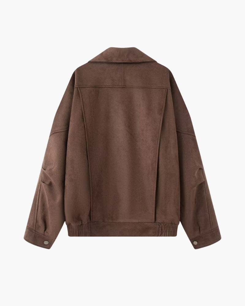Women's Wide-Collar Jacket With Buckled Lower Hem - Dark Brown