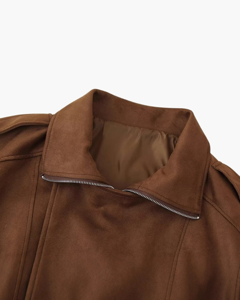 Women's Wide-Collar Jacket With Buckled Lower Hem - Dark Brown