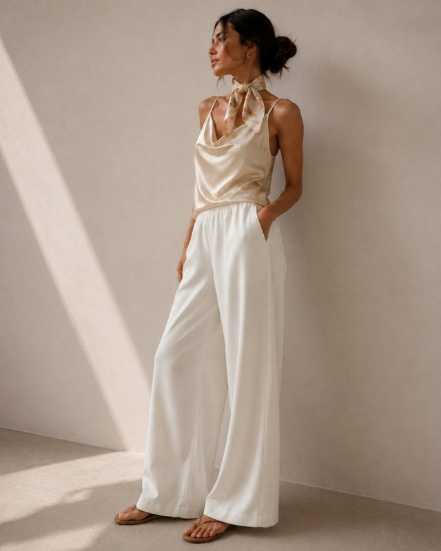 Women's Wide-Leg Trousers With Gathered Waistband - Ivory