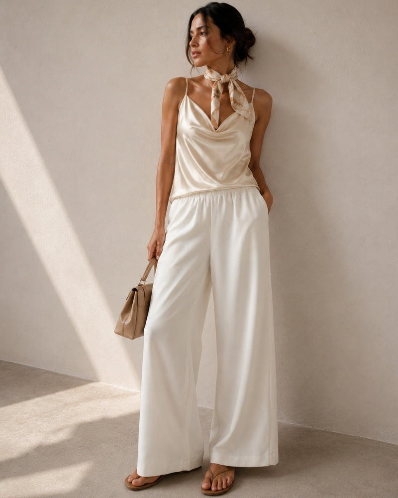 Women's Wide-Leg Trousers With Gathered Waistband - Ivory